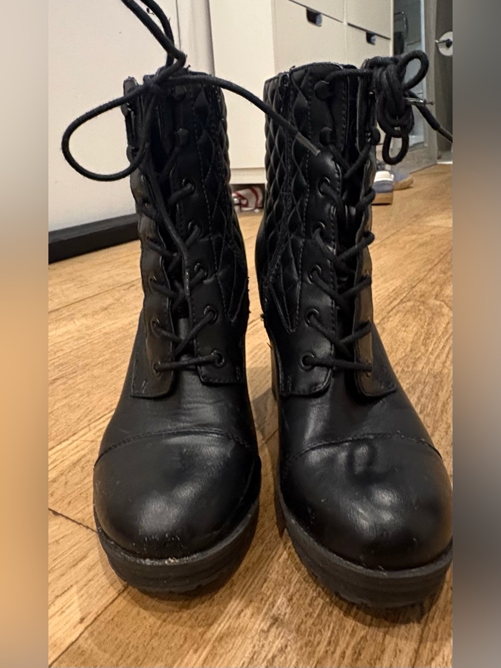 G by Guess Black Lace-Up Quilted Combat Boots - Women